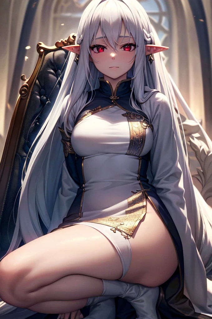 mature elf, full body, long white hair, pointed ears, white skin, red eyes, confident expression, full plate adorned armor.
