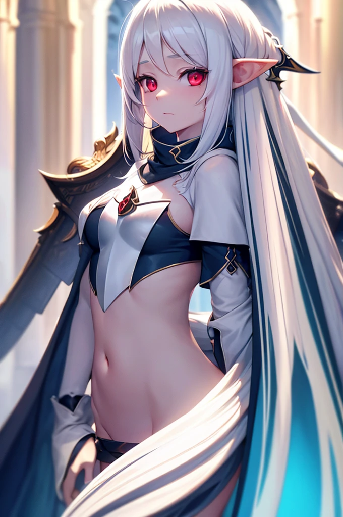 mature elf, full body, long white hair, pointed ears, white skin, red eyes, confident expression, full plate adorned armor.