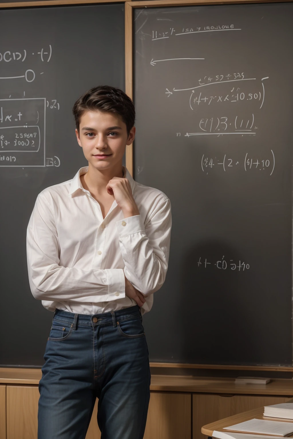 A young, cute, beautiful male twink with black hair, wearing a luxurious white long-sleeved shirt and jeans. He is in his office, and behind him is a blackboard with calculus written on it, and neon energy comes out of the blackboard. He looks proudly, his eyes have dark circles under them, and he looks with a look of horror.