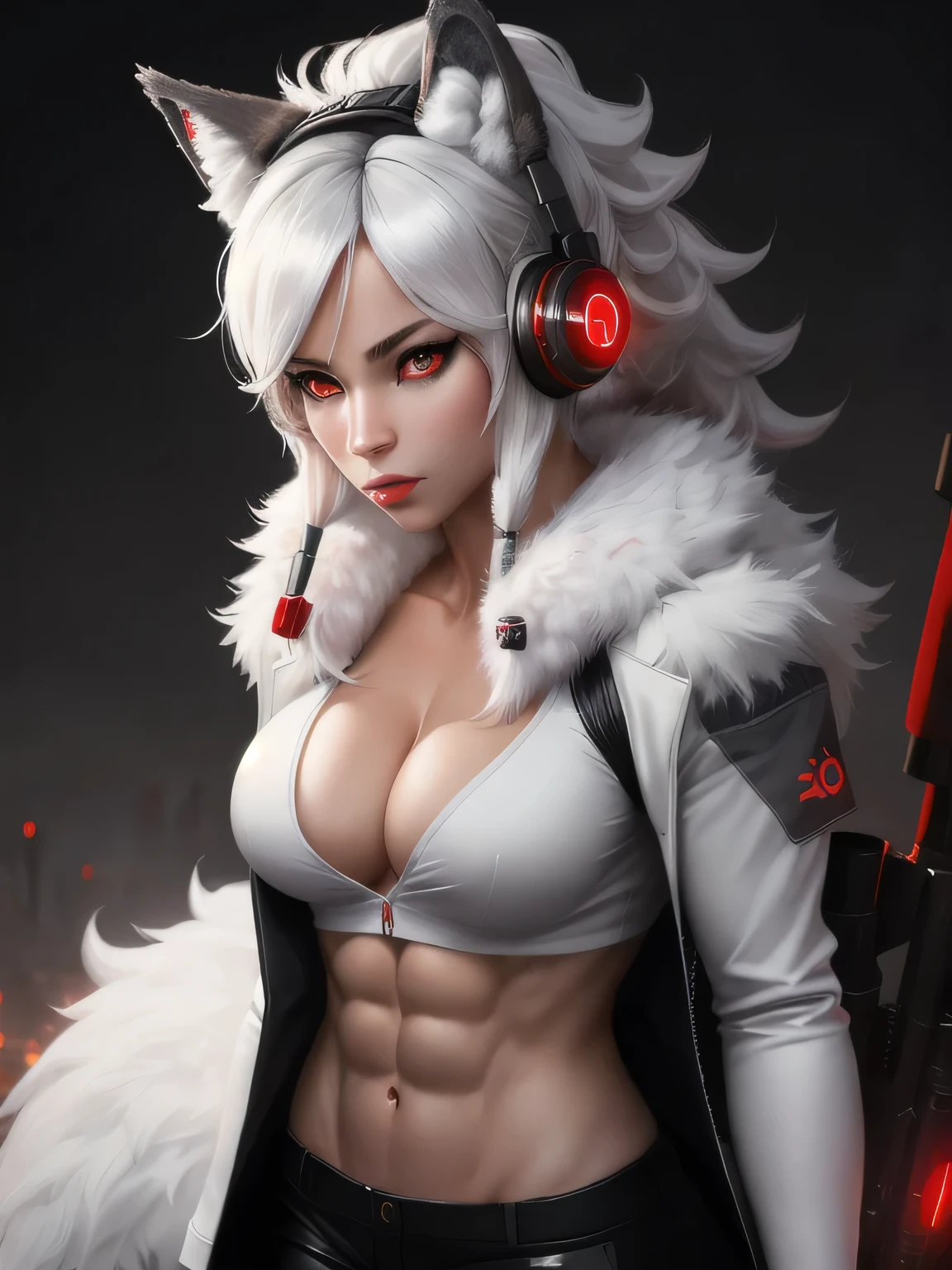 female, furry, wolf anthro, solo, white fur, red eyes, (Realistic eye details 1.2), headphone on head, business suit wear, Character focus, abs, Full body like, Masterpiece, dramatic lighting, soft lighting, day, highly detail, Hair coiled