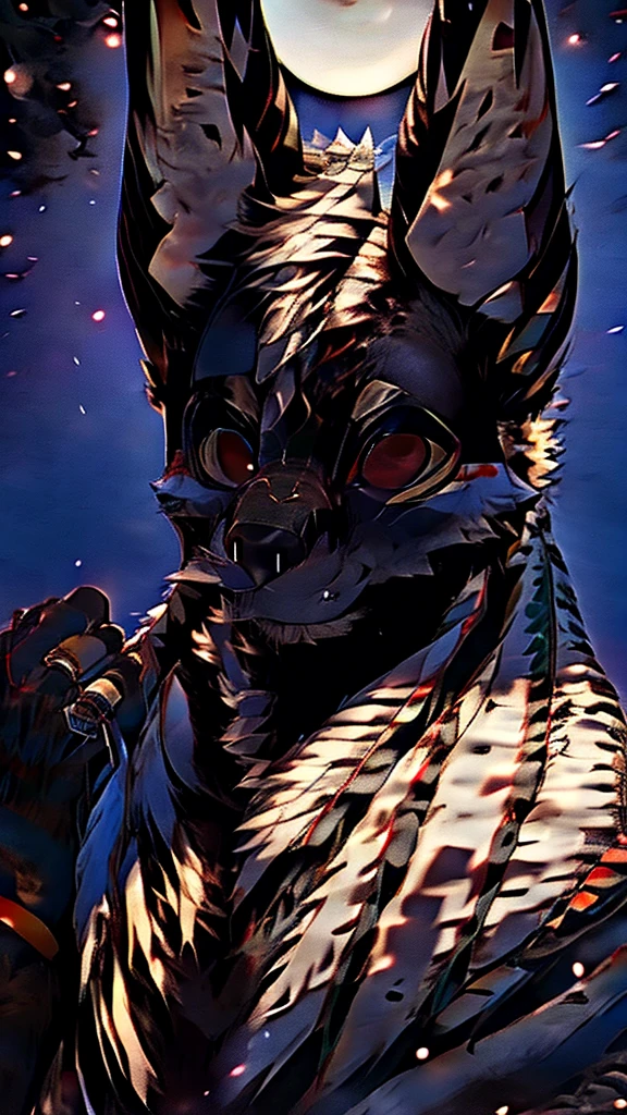 ((Anubis)),masterpiece,high quality,hairy,male,Stealing Bubbles,Red Eyes,A solemn face,one person,night,moonlight