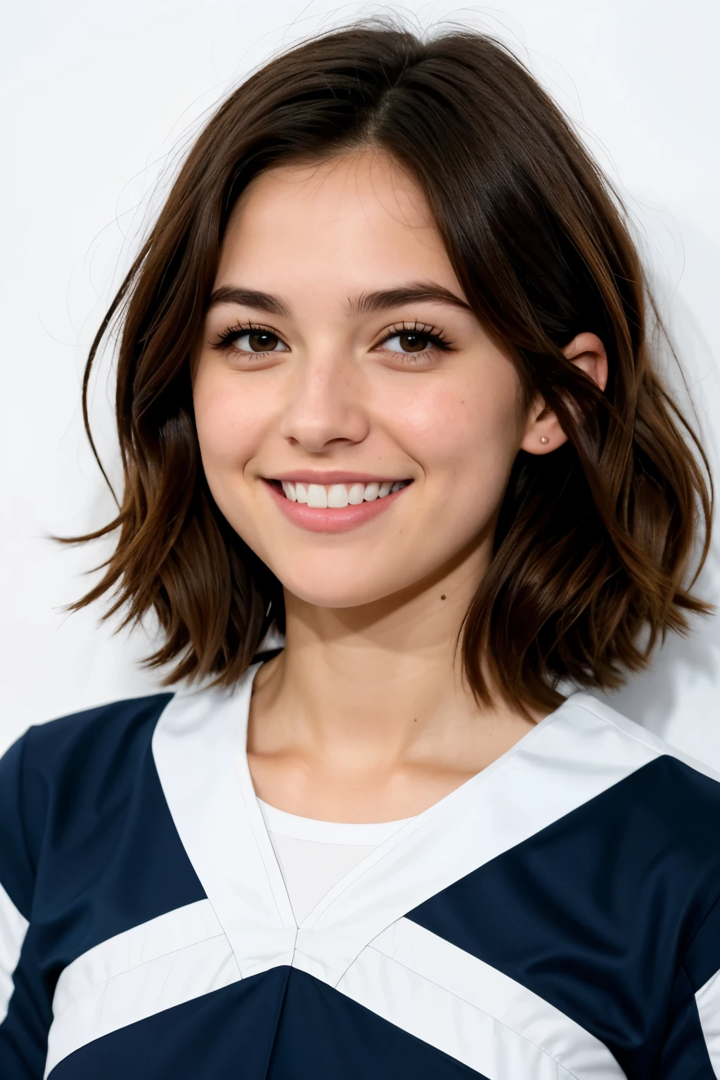 Create a My Hero Academia image with a female character with shoulder-length wavy dark brown hair., ojos amarillos brillantes y pecas, con un lunar debajo de la nariz junto a sus labios, sonriente y vestida con el uniforme de la UA