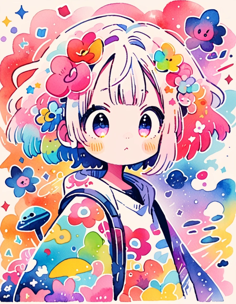 Akira Toriyama style, (((kawaii design))), The most beautiful girl of all time、Lovely aliens, galactic universe、8K Quality、Intense watercolor, Detailed watercolor art, Watercolor splash, Surreal, avant-garde pop art, Beautiful and expressive paintings, Beautiful artwork illustration, Very colorful tones, wonderful, Cool beauty, highest quality、Official Art, Vector art, (((highest quality))), HDR, ((detailed)), (((Doodle Art)), ((masterpiece)), ((Super detailed)), (((Colorful flowers))), (((adventure)))