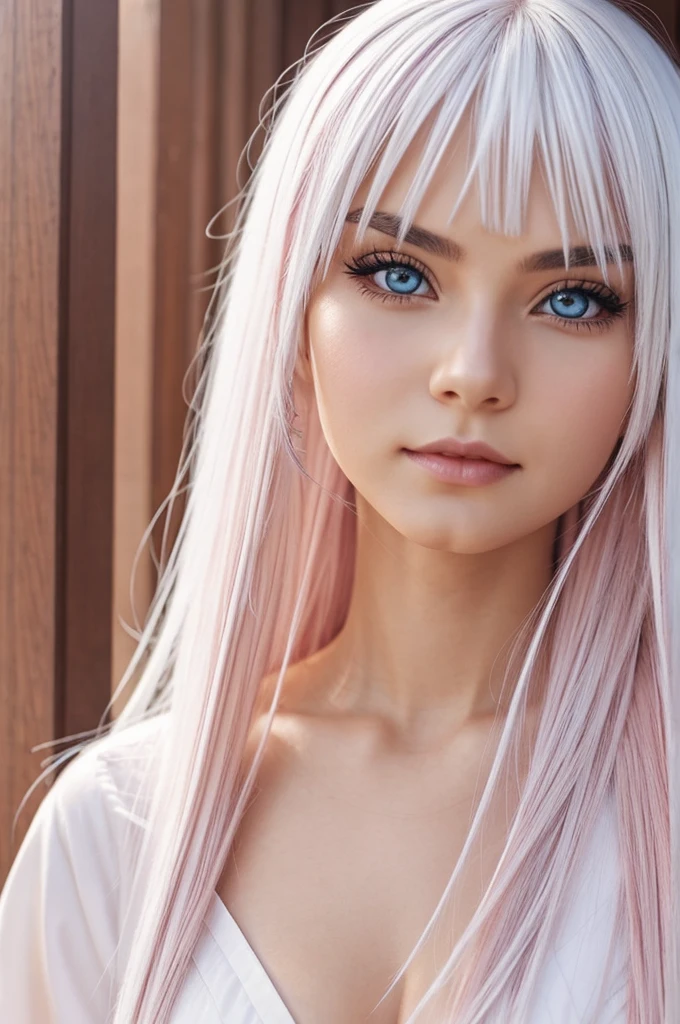 Anime girl with white hair and rose colored eyes
