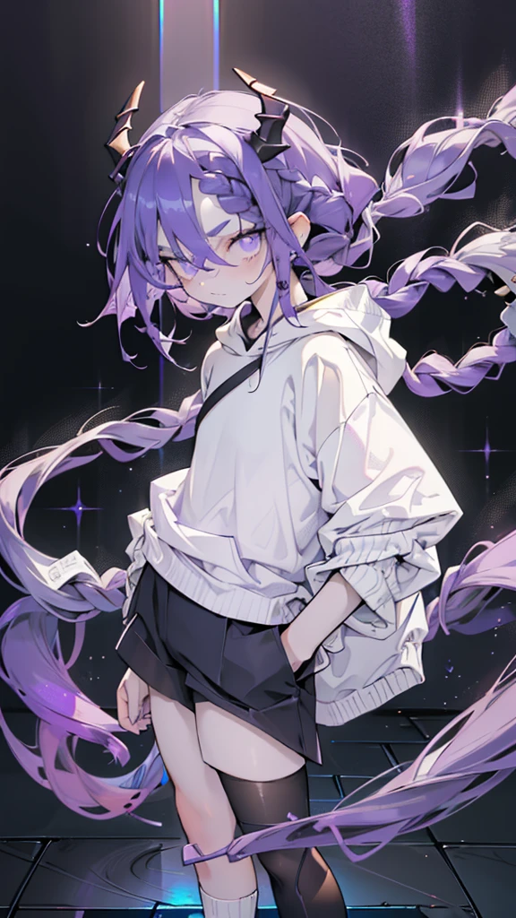 boy. open forehead. Long dark purple hair braided on the left side. Black horns with white ribbon. pale violet eyes. Long white t-shirt. Dark purple shorts. Dark purple knee socks. Robe with a white hood with an ornament of gold rings. Concrete walls black limit purple light water on the floor