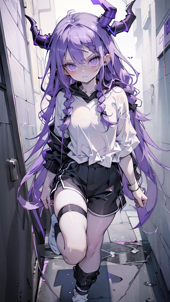 boy. open forehead. Long dark purple hair braided on the left side. Black horns with white ribbon. pale violet eyes. Long white t-shirt. Dark purple shorts. Dark purple knee socks. Robe with a white hood with an ornament of gold rings. Concrete walls black limit purple light water on the floor