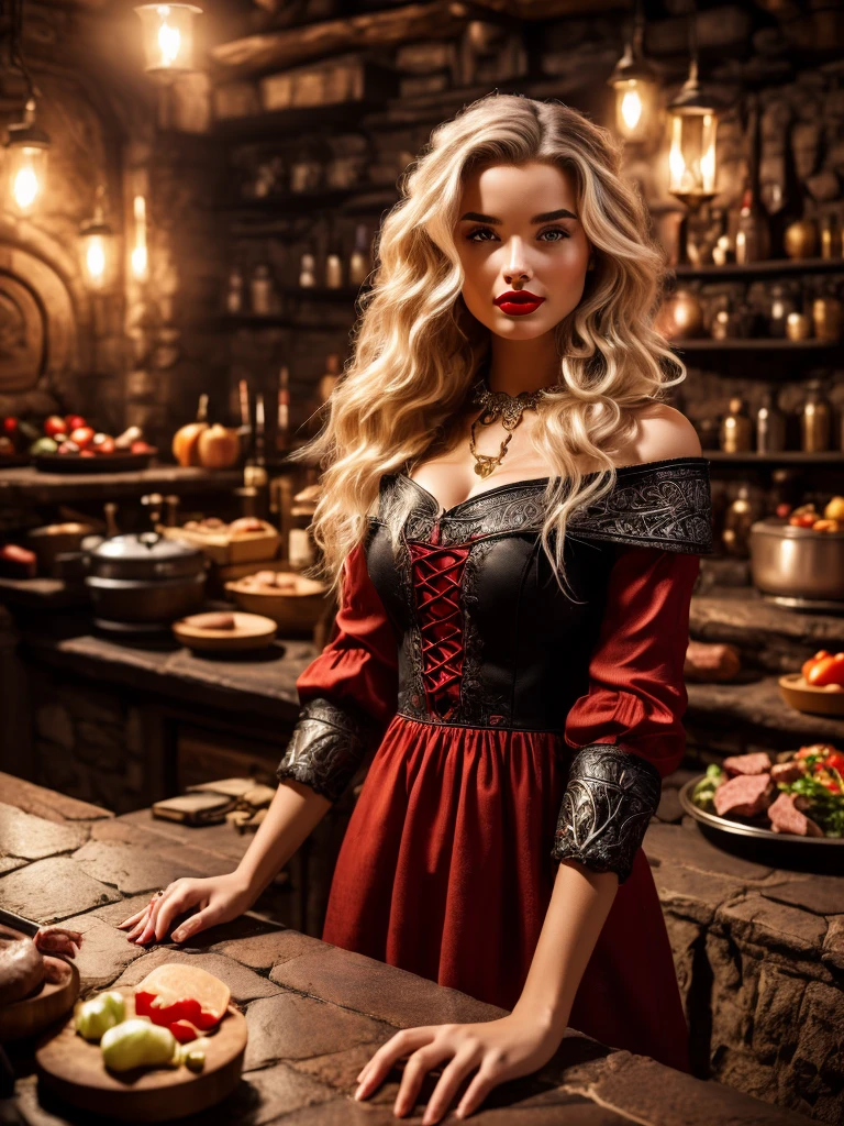 beautiful girl, blonde, red lips, (in red-black dress), cooking in medieval kitchen, table, medieval oven, meat, vegetables, (detailed background:1.5), (intricate environment details), (hyperdetailed), (detailed skin and hair texture)+++, (ultra realism), (8K UHD), (ultra quality), (dslr)