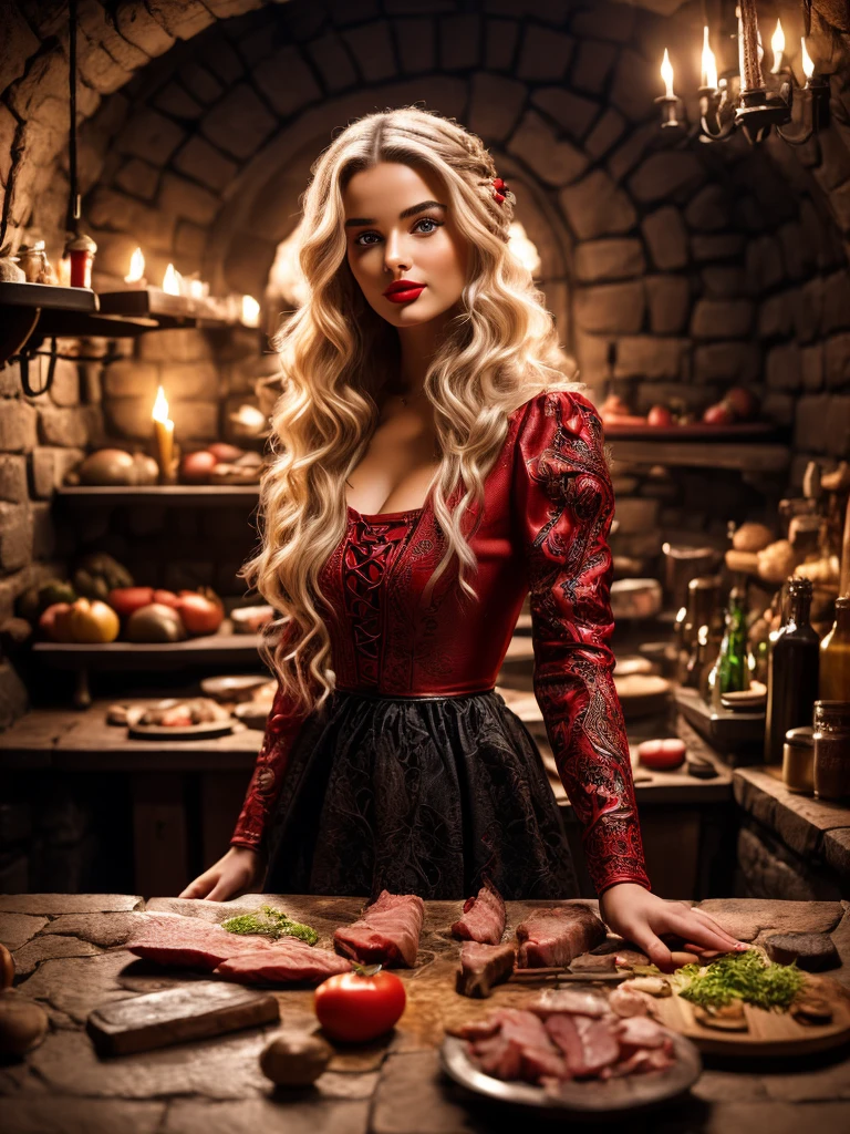 beautiful girl, blonde, red lips, (in red-black dress), cooking in medieval kitchen, table, medieval oven, meat, vegetables, (detailed background:1.5), (intricate environment details), (hyperdetailed), (detailed skin and hair texture)+++, (ultra realism), (8K UHD), (ultra quality), (dslr) 