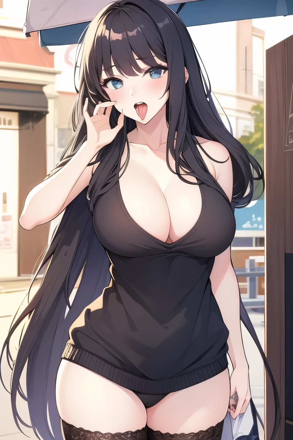 (masterpiece, best quality:1.2), 1girl, solo,mature_lady,black long hair, sweater,in street,open_mouth,fellatio_gesture,FellatioGesture