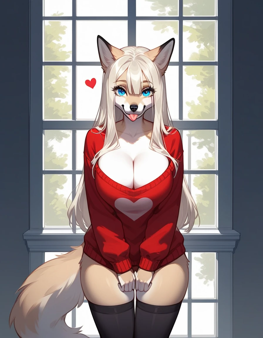Solo, score_9,score_8_up,score_7_up, source_furry, an Anthro furry borzoi girl, female canine, long snout, black nose, black lips, blue eyes, long platinum blonde hair with a top knot, tall and curvy, wear only oversized red sweater, cleavage window, long sleeves covering hands, black thigh high socks, blep, playfully sticking tongue out, little cute hearts around her, simple background