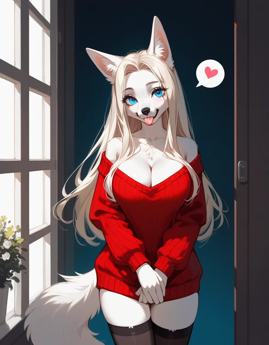 Solo, score_9,score_8_up,score_7_up, source_furry, an Anthro furry borzoi girl, female canine, long snout, black nose, black lips, blue eyes, long platinum blonde hair with a top knot, tall and curvy, wear only oversized red sweater, cleavage window, long sleeves covering hands, black thigh high socks, blep, playfully sticking tongue out, little cute hearts around her, simple background