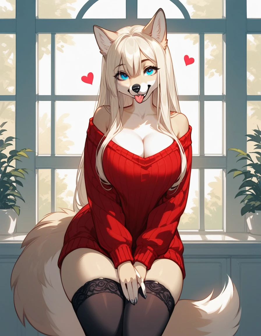 Solo, score_9,score_8_up,score_7_up, source_furry, an Anthro furry borzoi girl, female canine, long snout, black nose, floppy dog ears, black lips, blue eyes, long platinum blonde hair with a top knot, tall and curvy, wear only oversized red sweater, cleavage window, long sleeves covering hands, black thigh high socks, blep, playfully sticking tongue out, little cute hearts around her, simple background
