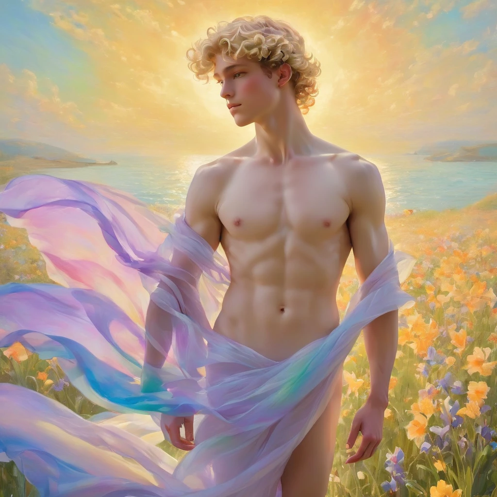 candid an image of 23 year old an attractive and charming prince, inspired by Sandro Botticelli's painting The Birth of Venus. Position in a graceful contrapposto stance (in a field of vibrant swirling irises). short curly blonde hair, a masculine appearance with slender smooth body, delicate and symmetrical face, natural pale skin tone, (male nude wrapped in classical drapery sheer rainbow color fabric), with flowing dramatically in the wind, some fabric to billow as if caught by a gentle breeze. The composition include mythological elements, such as a backdrop of a serene ocean with a golden sunrise and nymphs to frame the scene. Illuminate the scene with soft diffused lighting to create a dreamlike, celestial atmosphere, capturing the delicate interplay of light and shadow on his face and body. ((full body shot)), wide-angle lens on a high-resolution DSLR camera to capture the grandeur and intricate details of the setting, while shooting from a low angle to emphasize the model's majestic presence. The overall mood should blend the classical elegance of Botticelli's work with a modern, high-fashion aesthetic, producing an image that feels both timeless and contemporary, adding the Two Cherubs in the sense to balance and harmony the photo, evoke the soft ethereal quality of the Renaissance style, POV, raw photo, ((masterpiece)), ((best quality:1.4)), High Resolution, (ultra_realistic:1.37), (photorealistic:1.4, (NSFW), ((Pay attention to the layer and arrangement of body parts and surrounding objects)), ((Pay attention to the body composition)), ((Correct body structure)), ((Correct photo distance)), romantic atmosphere, lively extremely Gorgeous background),