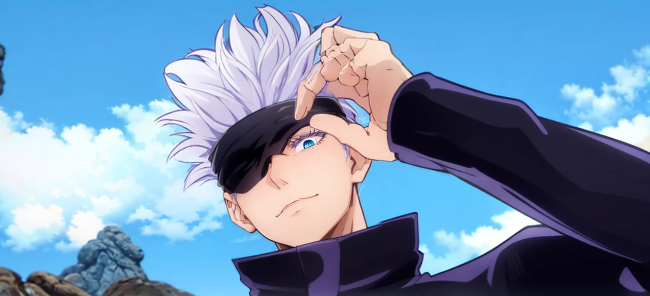 best quality, ultra high res, Gojo Satoru, Jujutsu Kaisen, looking at viewers, standing, white hair, blue eyes,  black jacket ,popped collar, outdoors, solo focus, upper body, ryoiki tenkai, stylish_pose, 1boy, male focus, solo,  full body, blue eyes, blindfold, white hair, night, one eye covered, parted lips, high collar, looking 