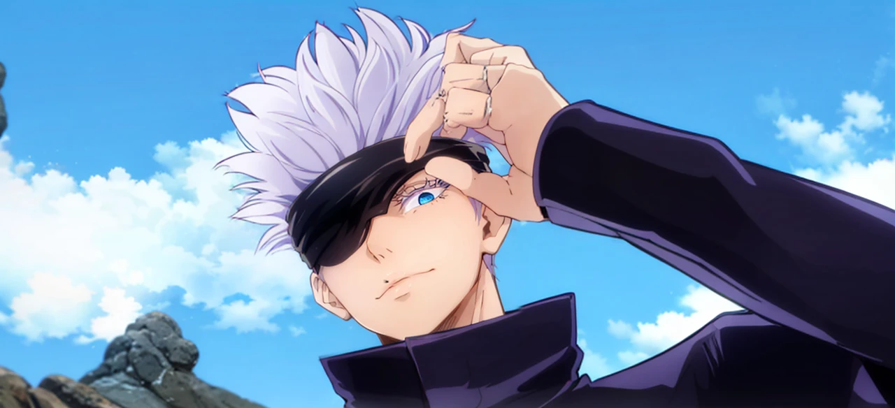 best quality, ultra high res, Gojo Satoru, Jujutsu Kaisen, looking at viewers, standing, white hair, blue eyes,  black jacket ,popped collar, outdoors, solo focus, upper body, ryoiki tenkai, stylish_pose, 1boy, male focus, solo,  full body, blue eyes, blindfold, white hair, night, one eye covered, parted lips, high collar, looking 