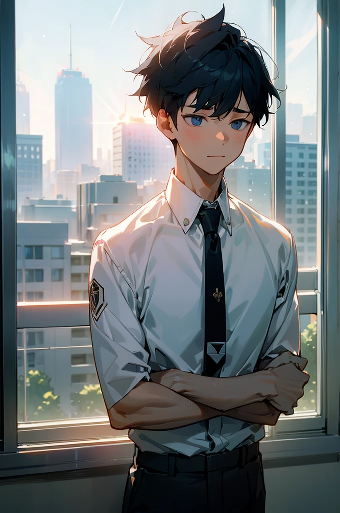 1boy, face focus, adult, jacket, white shirt, necktie, pants, best quality, hires, detailed face, office, buildings from window, detailed background, diffused sunlight, depth of field, bokeh