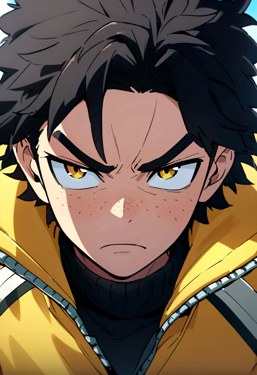 screenshot of my hero academy.  a boy with black hair and some blue strands in his hair, intense yellow eyes, freckles on his face, with a serious expression. he is wearing a black sweater..