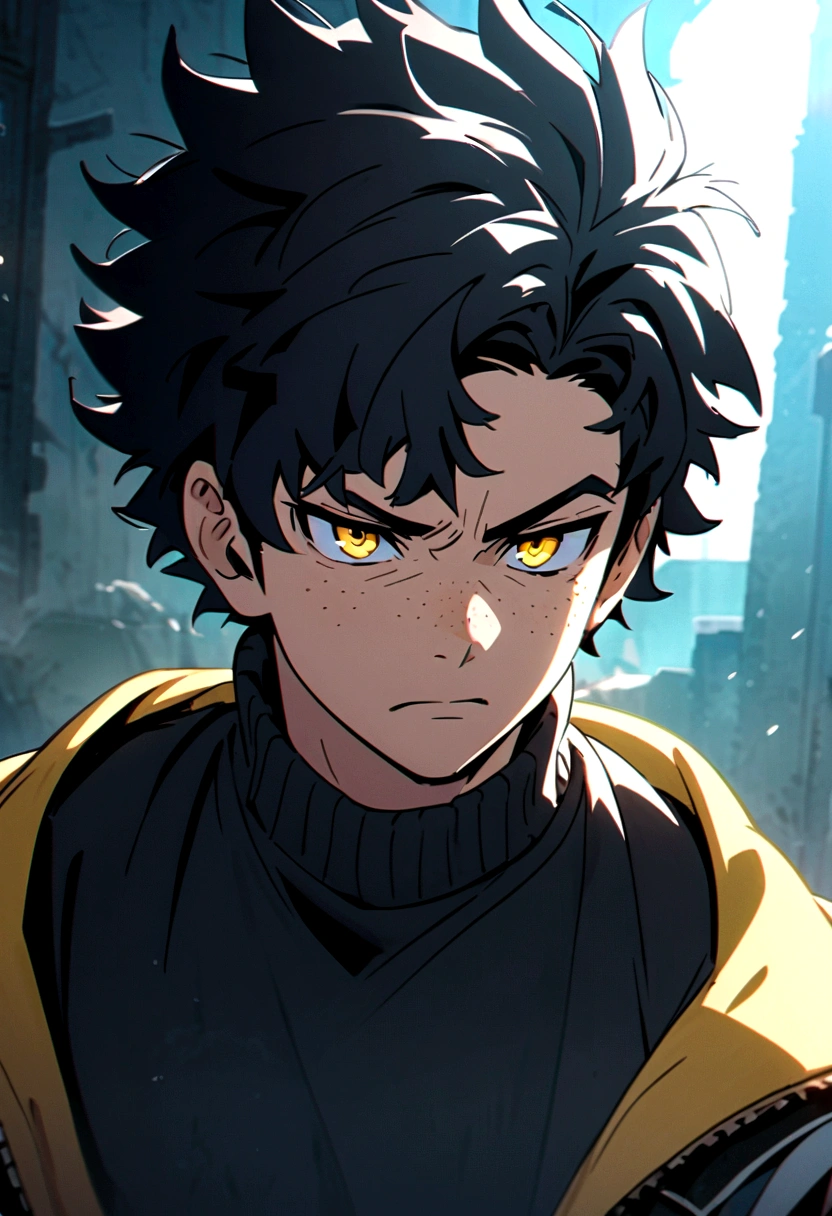 screenshot of my hero academy.  a boy with black hair and some blue strands in his hair, intense yellow eyes, freckles on his face, with a serious expression. he is wearing a black sweater..