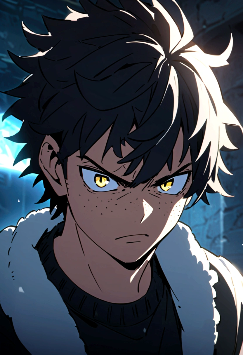 screenshot of my hero academy. a boy with black hair and some blue strands in his hair, intense yellow eyes, freckles on his face, with a serious expression. he is wearing a black sweater..