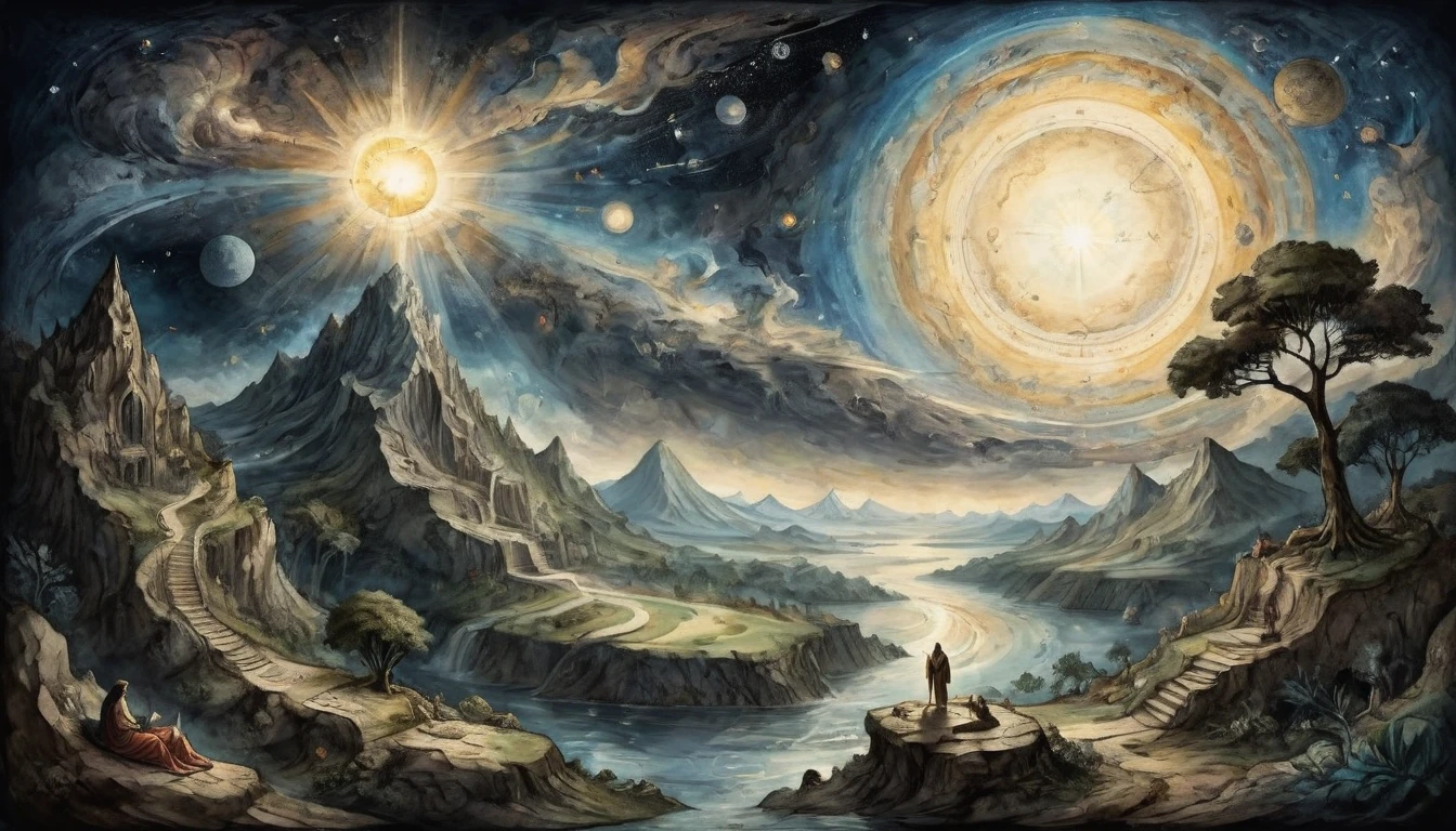 And it came to pass, In the beginning, God created the; heavens and earth. A ; earth was formless and; empty; and there was darkness over; the face of the abyss.. An illustration in the style of an ancient biblical painting, with divine light and artistic details.