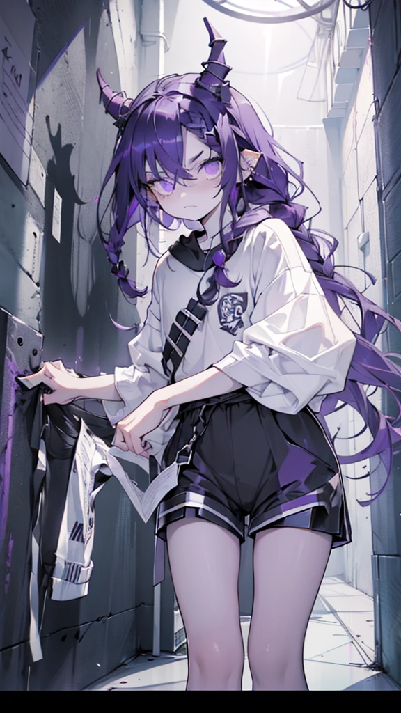 boy. open forehead. Long dark purple hair braided on the left side. Black horns with white ribbon. pale violet eyes. Long white t-shirt. Dark purple shorts. Dark purple knee socks. Robe with a white hood with an ornament of gold rings. Concrete walls black limit purple light water on the floor