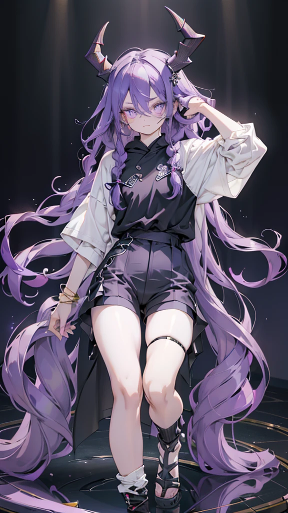 boy. open forehead. Long dark purple hair braided on the left side. Black horns with white ribbon. pale violet eyes. Long white t-shirt. Dark purple shorts. Dark purple knee socks. Robe with a white hood with an ornament of gold rings. Concrete walls black limit purple light water on the floor
