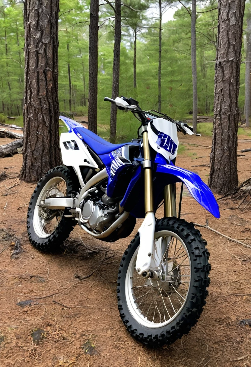 Yamaha YZ 250 motorcycle crashed against a tree in the New Jersey pine barrens, broken wheel and oil on ground