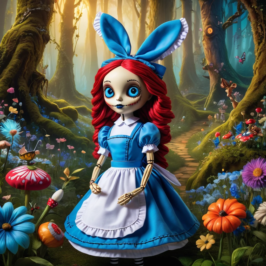 (knitted toy voodoo doll:1.2), (Voodoo in Wonderland:1.2), (Clothing: In the style of Alice in Wonderland, blue dress, white apron:1.2), (against the background of the Magic Forest, talking flowers, fantastic creatures.:1.3), the atmosphere of Alice in Wonderland, best quality, masterpiece, detailed soft oil painting, detailed background, dramatic cinematic lighting, soft edge lighting, professional, dramatic lighting, hard edge lighting, ultra quality, 4k, masterpiece, best quality, 8k, ultra high definition, high resolution, extremely detailed
