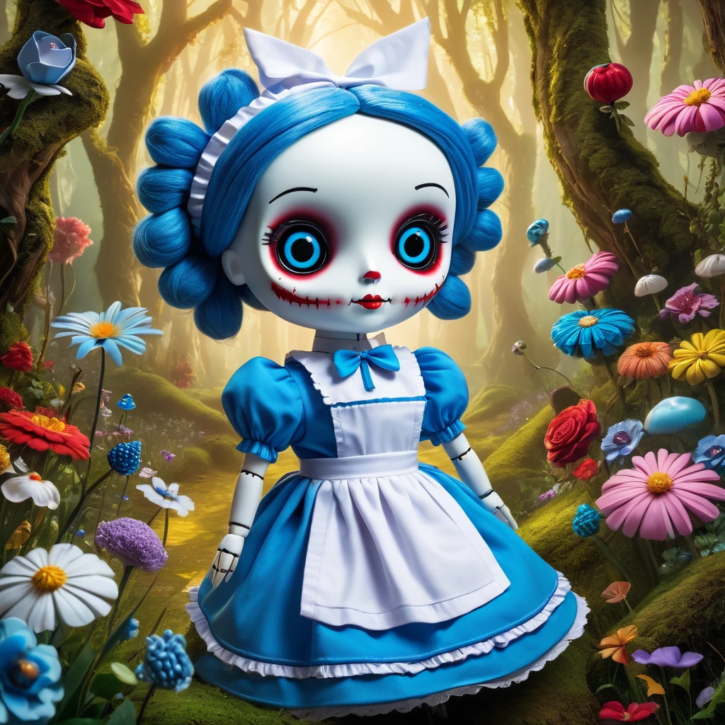 (knitted toy voodoo doll:1.2), (Voodoo in Wonderland:1.2), (Clothing: In the style of Alice in Wonderland, blue dress, white apron:1.2), (against the background of the Magic Forest, talking flowers, fantastic creatures.:1.3), the atmosphere of Alice in Wonderland, best quality, masterpiece, detailed soft oil painting, detailed background, dramatic cinematic lighting, soft edge lighting, professional, dramatic lighting, hard edge lighting, ultra quality, 4k, masterpiece, best quality, 8k, ultra high definition, high resolution, extremely detailed