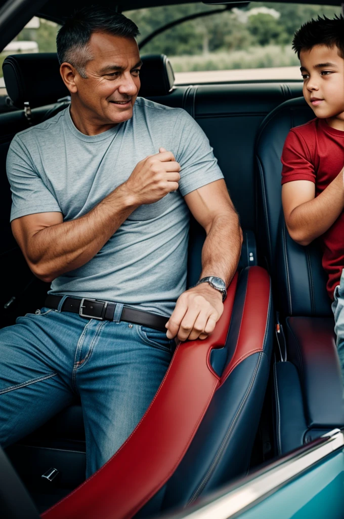 Dad and boy each in a muscle car on the road