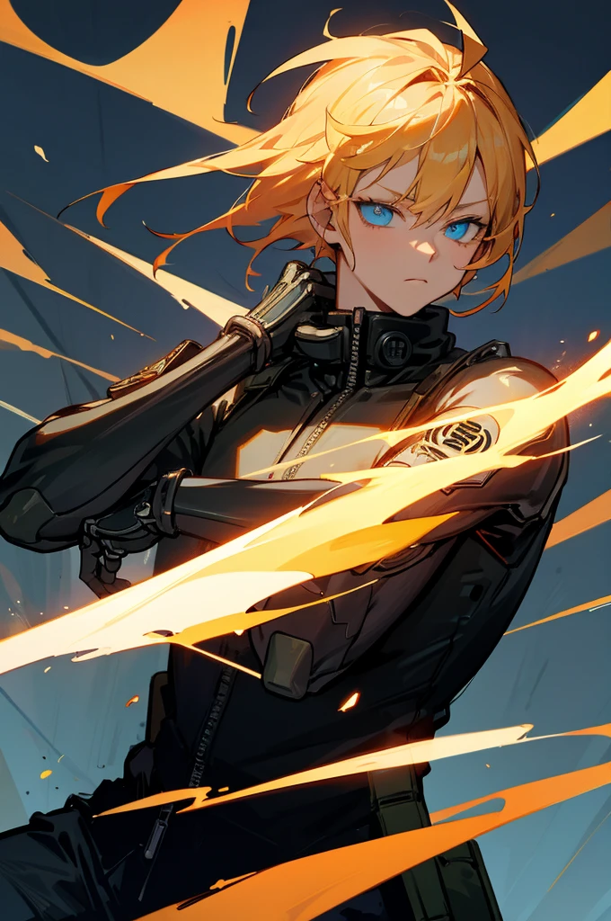 cyberpunk:1,6, blue eyes, golden hair, nightcore, masterpiece, dynamic light, night:, high quality, boy, katana