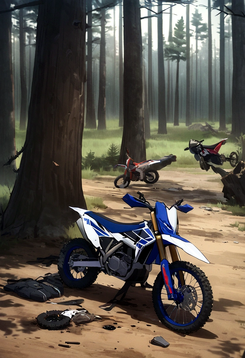 Yamaha YZ 250 motorcycle crashed against a tree in the New Jersey pine barrens, broken wheel and oil on ground 