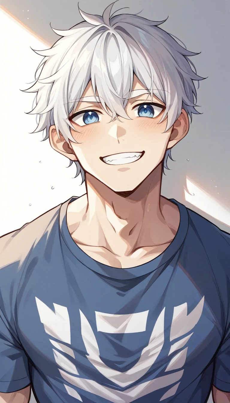 double eyelid、male、Muscular、Foreigners、White skin、smile、Smiling with teeth showing、White Hair、Set hairstyle、T-Shirts、Under the blazing sun、sunlight、summer、Dazzling、20th Generation、Bony face、tall、White eyebrows、Narrow eyes、Light blue eyes、Perfect figure、masterpiece、No bangs、Nature