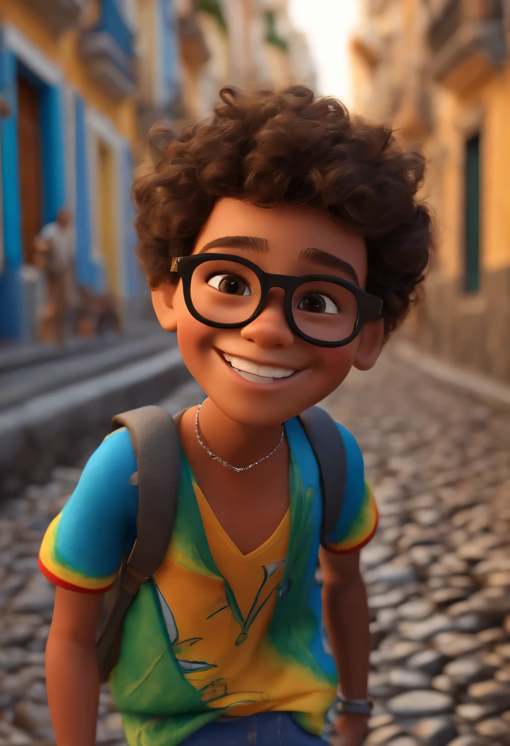 It's a Pixar model, a boy in Rio de Janeiro, title Miguel and his life, a beautiful smile, short curly hair with blue glasses, very cheerful