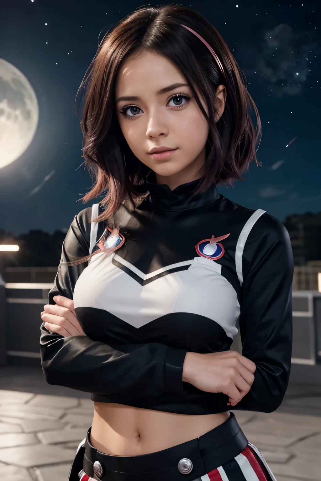 Imagen anime de my hero academia con una chica de cabello cae oscuro corto y ondulado, ojos amarillos brillantes y pecas, con un lunar arriba de los labios y vestida con el uniforme de la UA