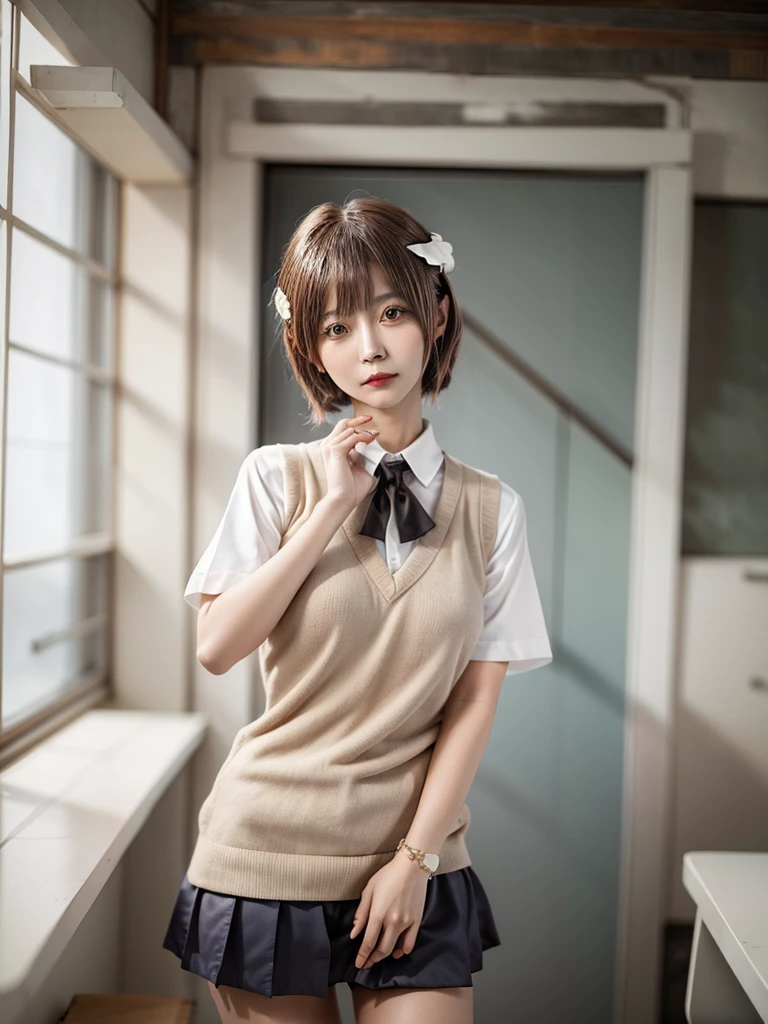 Masterpiece, Top Quality, Top Mikoto, brown eyes, short hair, small breasts, looking at viewer, alone, closed mouth, collared shirt, beige knit vest, dark blue  Skirt, school_uniform, shirt, white_shirt, classroom,Masterpiece, highest quality, 8K, detailed skin texture, fine cloth texture, beautiful detailed face, intricate details, super detailed,cute,cute posing,composition that shows the whole body,