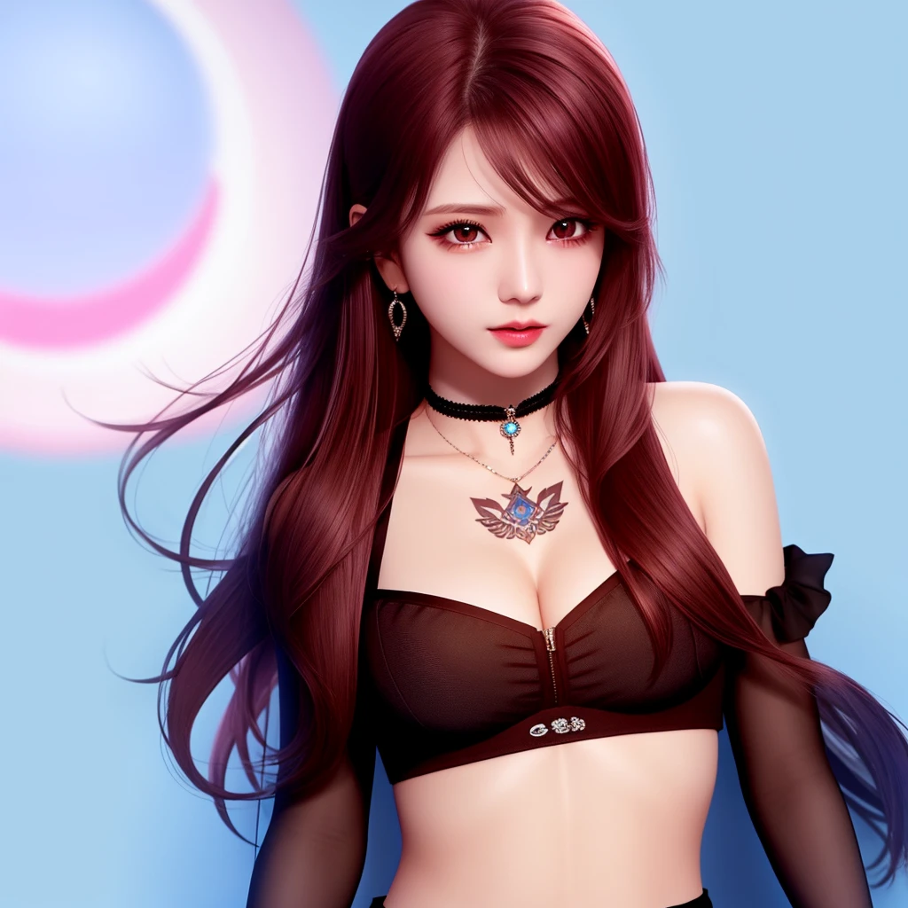 1girl, breasts, solo, jewelry, earrings, long_hair, cleavage, red_hair, hair_over_one_eye, brown_eyes, looking_at_viewer, tattoo, large_breasts, upper_body, arm_tattoo, blue_background, crop_top, wet, closed_mouth, bare_shoulders, collarbone, sleeveless, lips, eyelashes, shirt, midriff