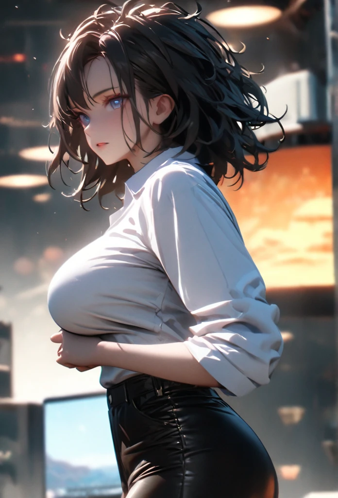(solo), black hair, messy hair, mane hair, medium hair, dense hair, wild hair, expressive hair, mature,(25 year old), pale skin, blue eyes, ((Female)), beatiful girl, wearing a white shirt, open shirt, tight clothes, long black pants, rolled up sleeves, beautiful, attractive, large breast, and round and big ass, Holding a katana, eye reflection, depth of field, thunder aura, cinematic lighting, ray tracing, depth of field, cinematic lighting, ray tracing, UHD, high details, best quality, highres, high quality, award winning, super detail, masterpiece, 8k, UHD, high details, best quality, highres, high quality, award winning, super detail, masterpiece, 8k, digital art, anime coloring, body shot, good face, perfect face, detailed face, good eyes. Space and planets background