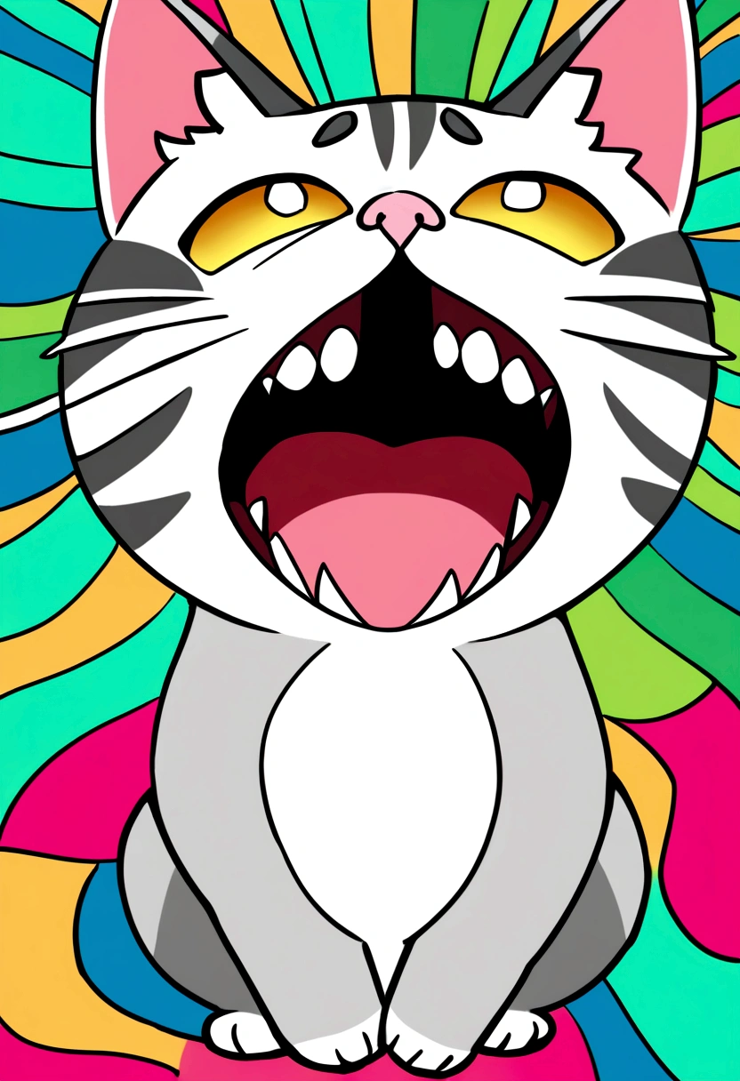 Create an exaggerated cartoon image of a cat with wide eyes, raised eyebrows, and an open mouth, showing extreme surprise. The expression should be over-the-top and humorous. Keep the background simple and unobtrusive.