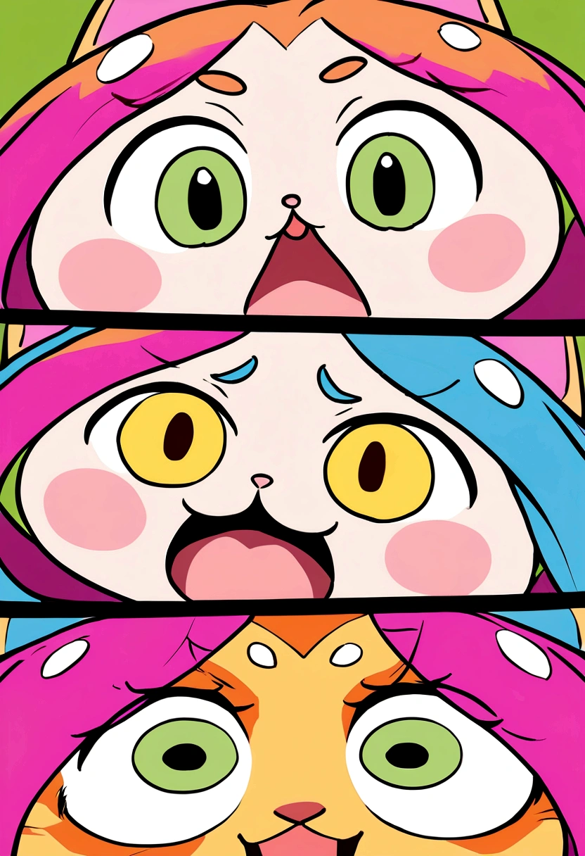 Create an exaggerated cartoon image of a cat with wide eyes, raised eyebrows, and an open mouth, showing extreme surprise. The expression should be over-the-top and humorous. Keep the background simple and unobtrusive.