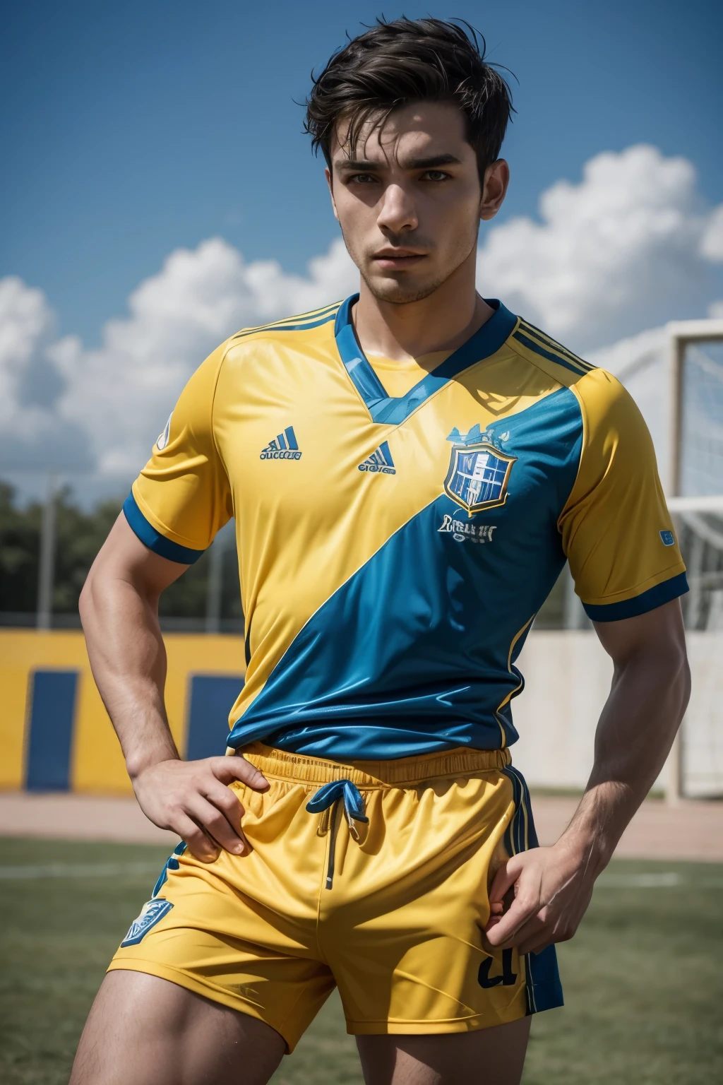 crie um uniforme de futebol masculino, camisa e short nas cores azul e amarela com numero 10 nas costa