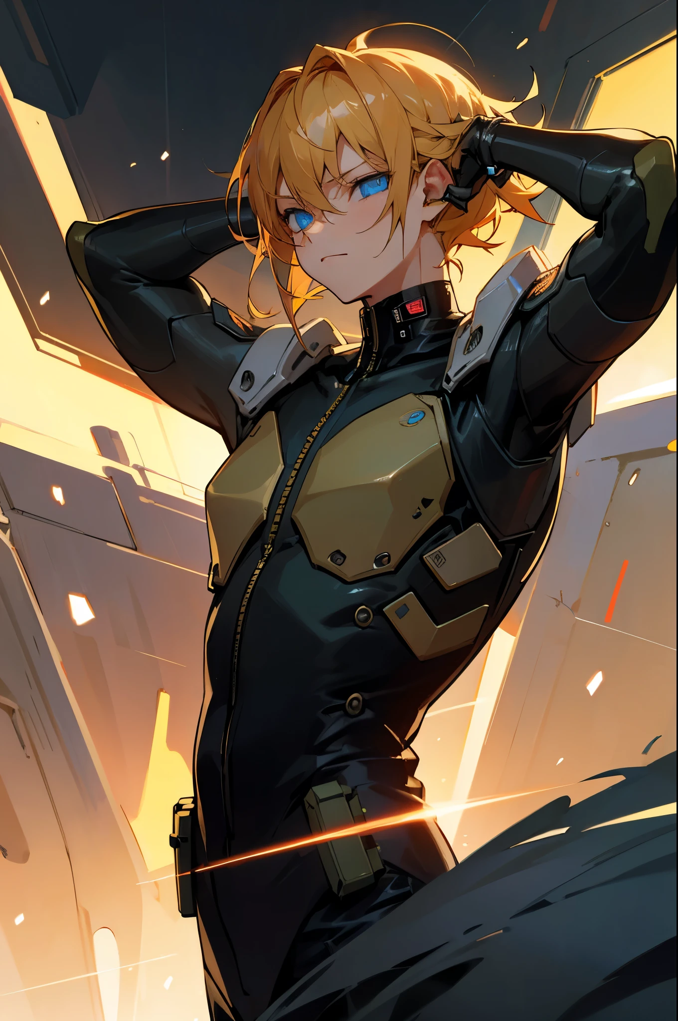 cyberpunk:1,6, blue eyes, golden hair, nightcore, masterpiece, dynamic light, night:, high quality, boy,