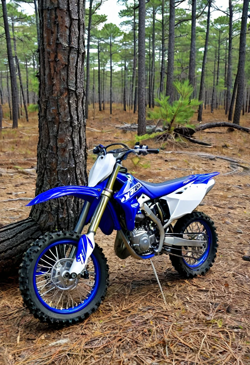 Yamaha YZ 250 motorcycle crashed against a tree in the New Jersey pine barrens, broken wheel and oil on ground