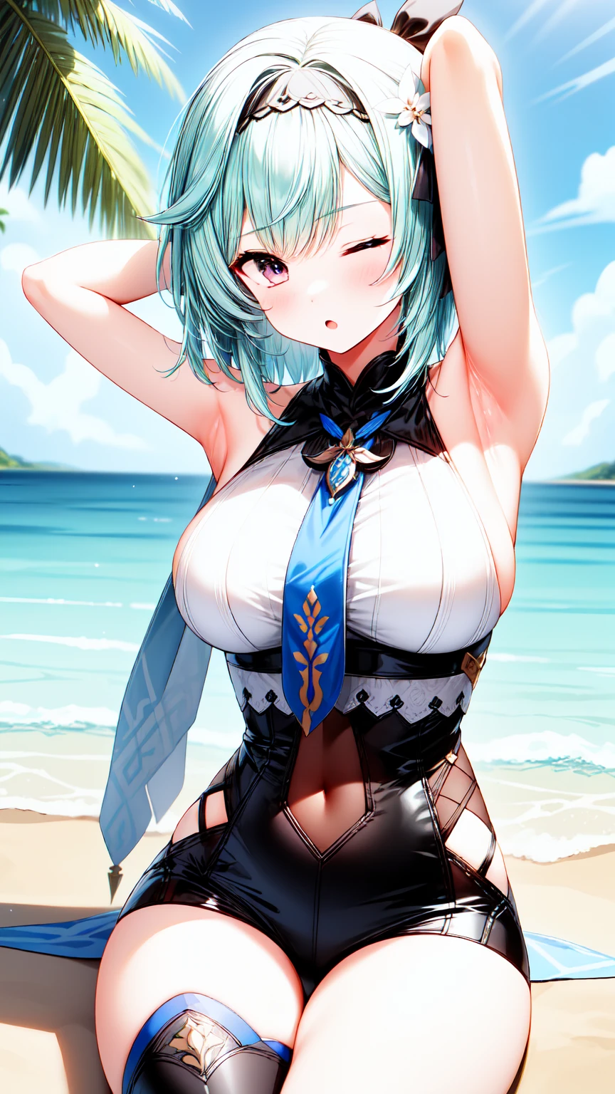 1girl, solo, large breasts, euladef, embarrassed, ;o, one eyes closed, beach, sitting, crossed legs, arm up, arm behind head, armpits