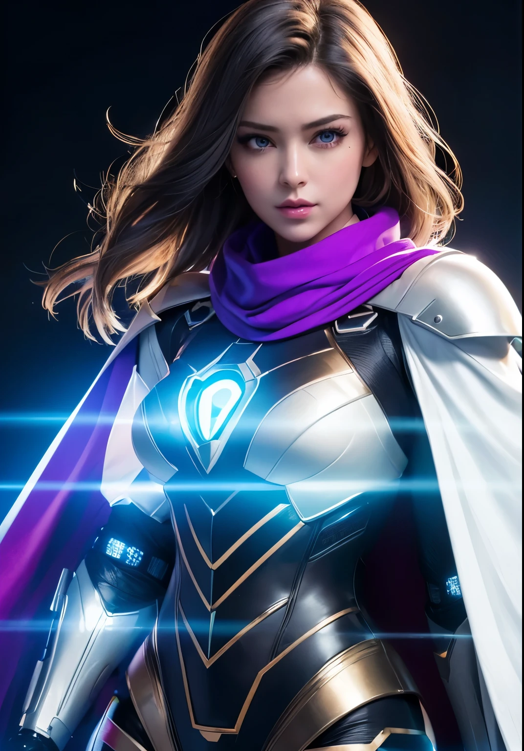 Waist up ((Extremely detailed asymmetric realistic masterpiece)) hyperrealistic masterpiece, Superhero beauty girl ((in futuristic aesthetic style)) in extremely detailed tech plugsuit ((with scarf & white cape)), cinematic illumination: 8k, glowing, concept art, smooth, sharp focus, illustration