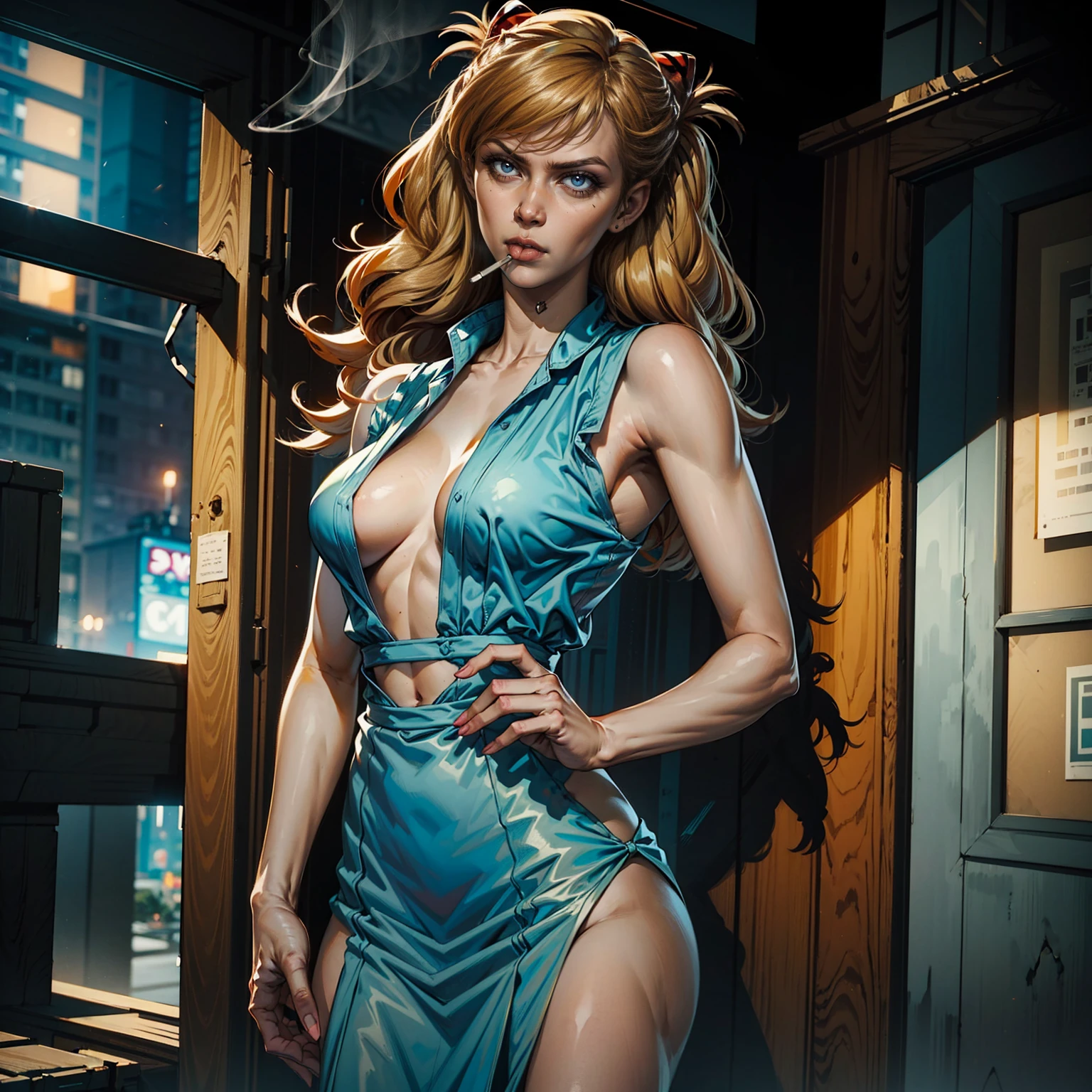 AsukaUn, ((long Orange hair, glowing blue eyes, makeup, narrow waist, skinny, medium breasts, Two side up)), pelvic curtain, ((Tokyo-3 middle , Blue vest)), full body, perfect body, (insanely detailed, beautiful detailed face, masterpiece, best quality) , (((solo))), (((1girl))), (((mature))), (extremely detailed 8k paper CG wall unit: 1.1), (cyberpunk, school, night), (Frown face for the viewer), Smoking a cigarette, Smoke coming out of the cigarette
