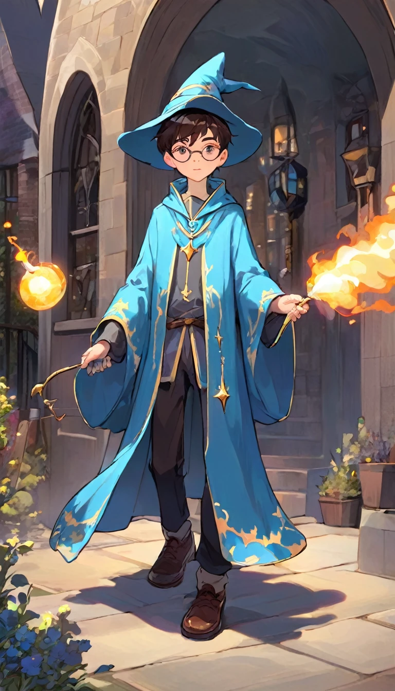 make a boy in a wizard's outfit he has blue hair he is sitting on a chair with his hands clasped behind him a black wall