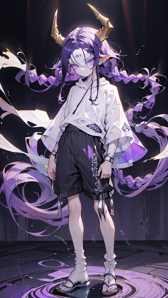 boy. open forehead. Long dark purple hair braided on the left side. Black horns with white ribbon. pale violet eyes. Long white t-shirt. Dark purple shorts. Dark purple knee socks. Robe with a white hood with an ornament of gold rings. Concrete walls black limit purple light water on the floor