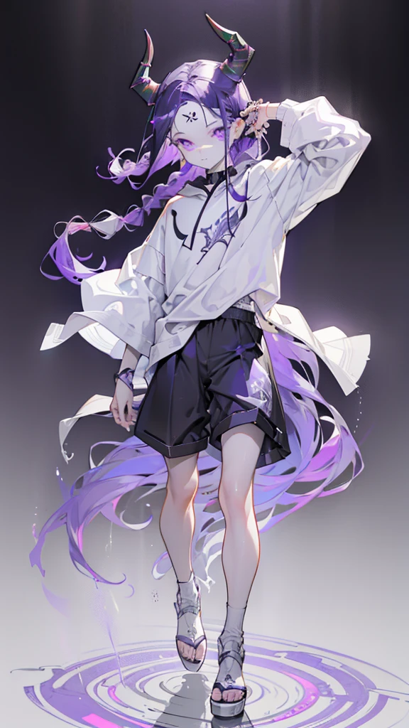 boy. open forehead. Long dark purple hair braided on the left side. Black horns with white ribbon. pale violet eyes. Long white t-shirt. Dark purple shorts. Dark purple knee socks. Robe with a white hood with an ornament of gold rings. Concrete walls black limit purple light water on the floor