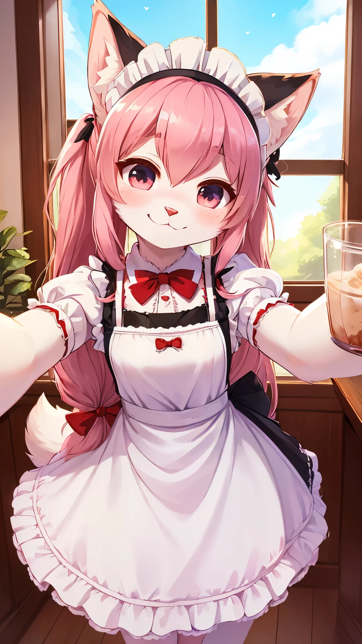 (fluffy anthro furry: 1.6),(young: 1.6),cat girl,mini girl,pink long hair,ponytail,ribbon with ponytails,white fur,beautiful cafe,clear window,maid headdress,maid outfit,black maid glove,maid stocking,red bowtie,seductive face,smile,looking at viewer,blush,selfie